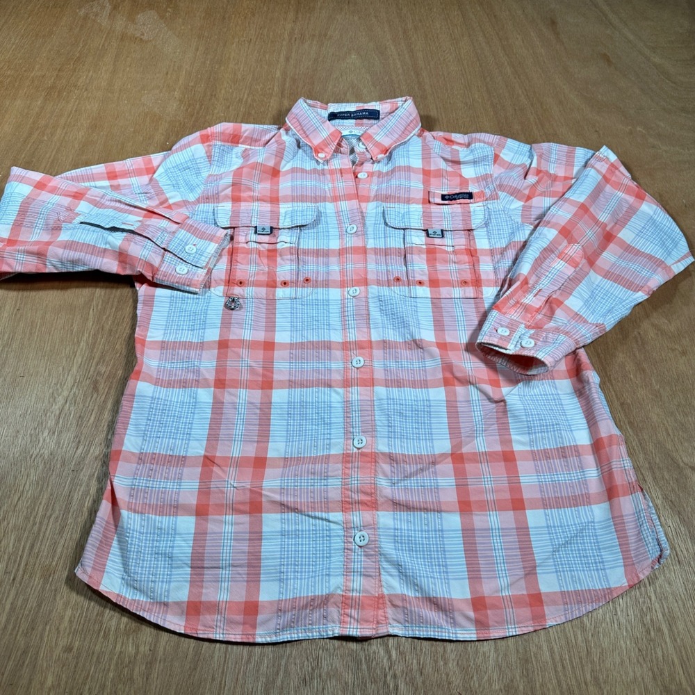 Columbia PFG Super Bahama Shirt Mens S Orange Plaid LS Vented Fishing
